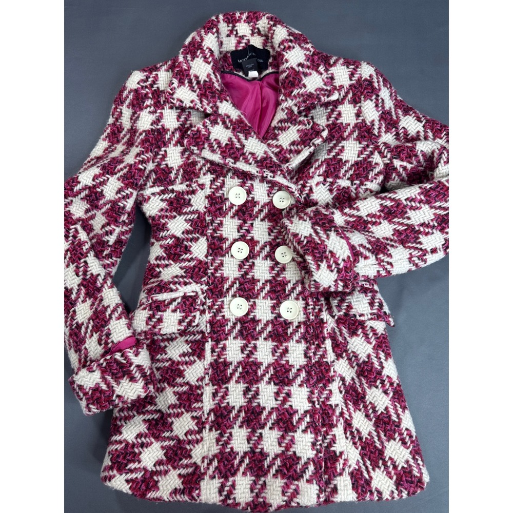 Moda International Pea Coat Jacket Houndstooth Wool Blend Womens XXS Barbiecore